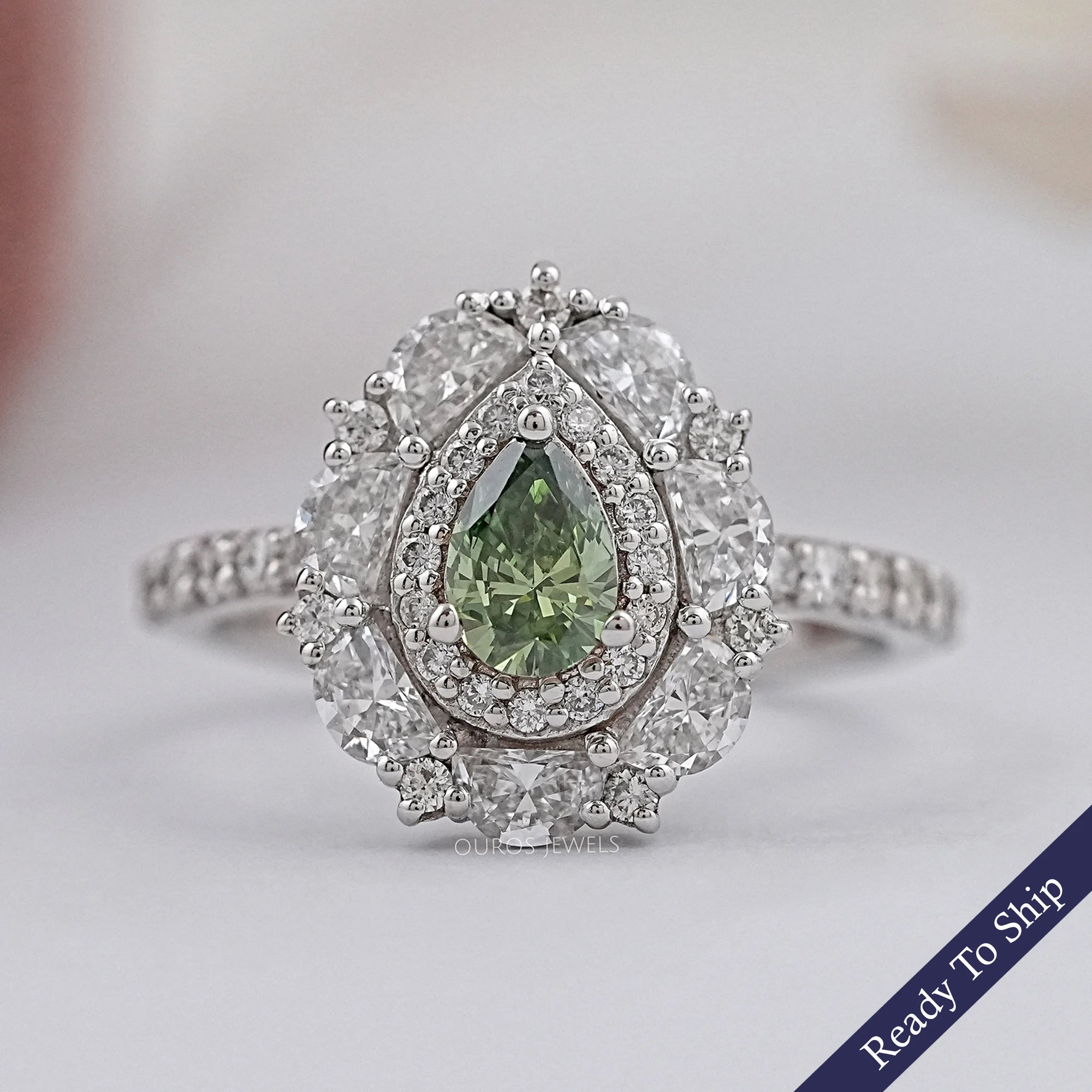 Green Pear Diamond Double Halo Engagement Ring Rings