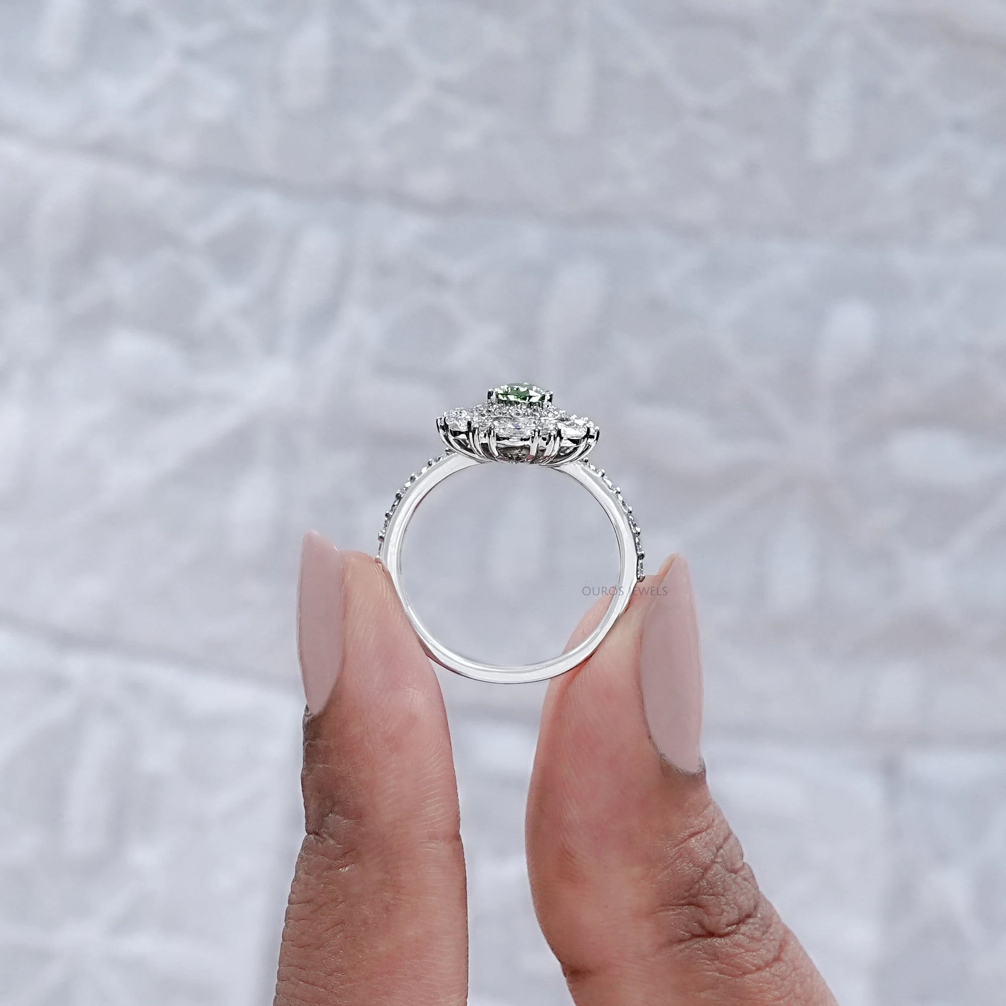 Green Pear Diamond Double Halo Engagement Ring Rings