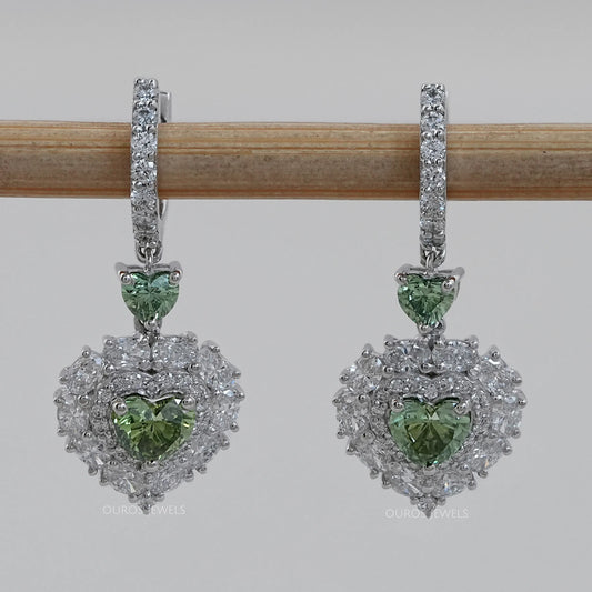 Green Heart Diamond Halo Set Dangle Earring
