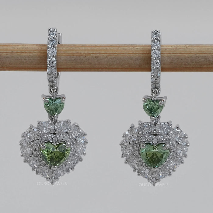 Green Heart Diamond Halo Drop Earrings