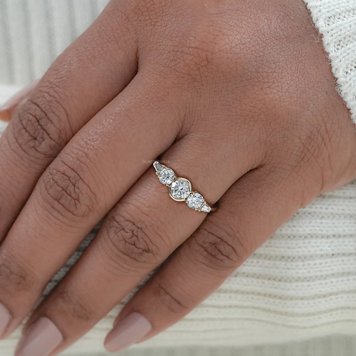Five Stone Round And Tapered Baguette Cut Engagement Ring Rings