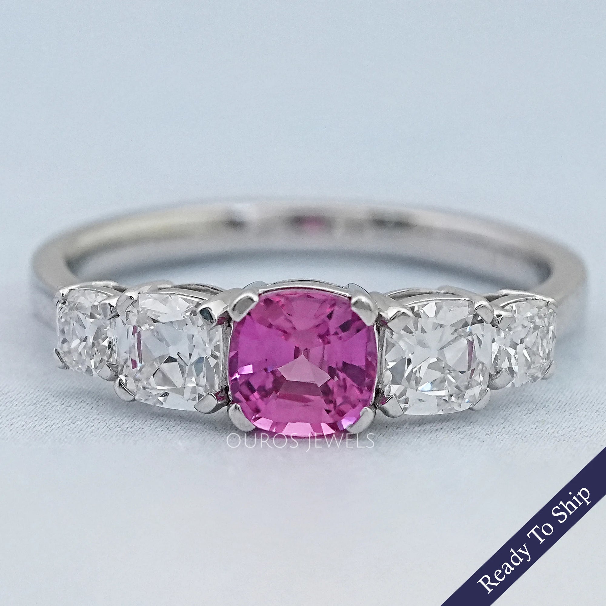 Five Stone Pink Square Cushion Cut Engagement Ring