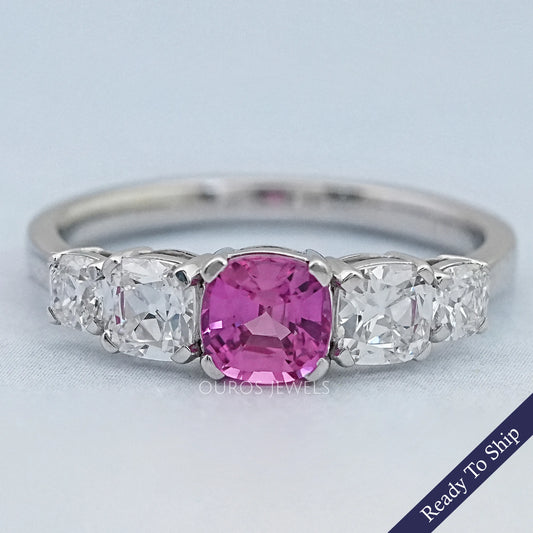 Five Stone Pink Square Cushion Cut Engagement Ring