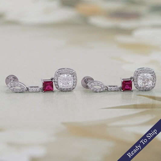 Ruby Princess Old Mine Cushion Cut Halo Dangle Earrings Earrings