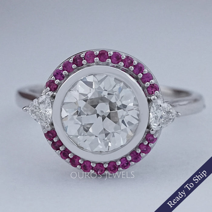 Bezel OEC Round Cut And Pink Sapphire Halo Engagement Ring