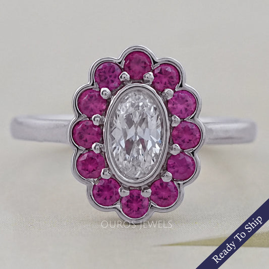 Old Mine Oval Cut Pink Halo Floral Engagement Ring Ring