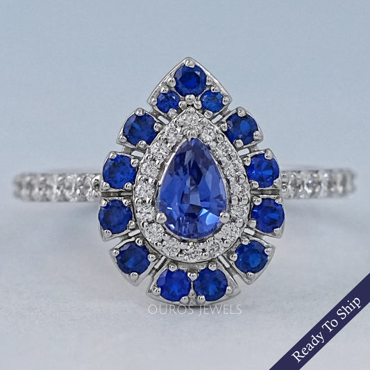 Blue Pear And Round Cut Double Halo Solitaire Accent Ring