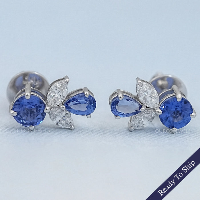 Sapphire Round And Pear Gemstone Stud Earrings