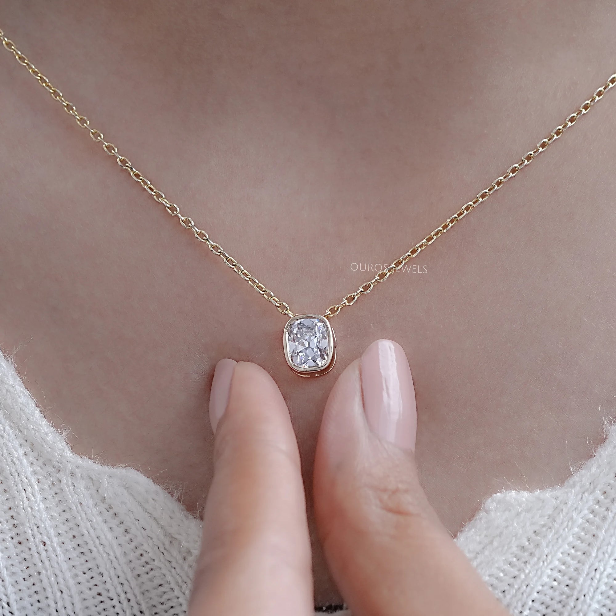 Old Mine Cushion Lab Diamond Bezel Set Pendant Necklaces