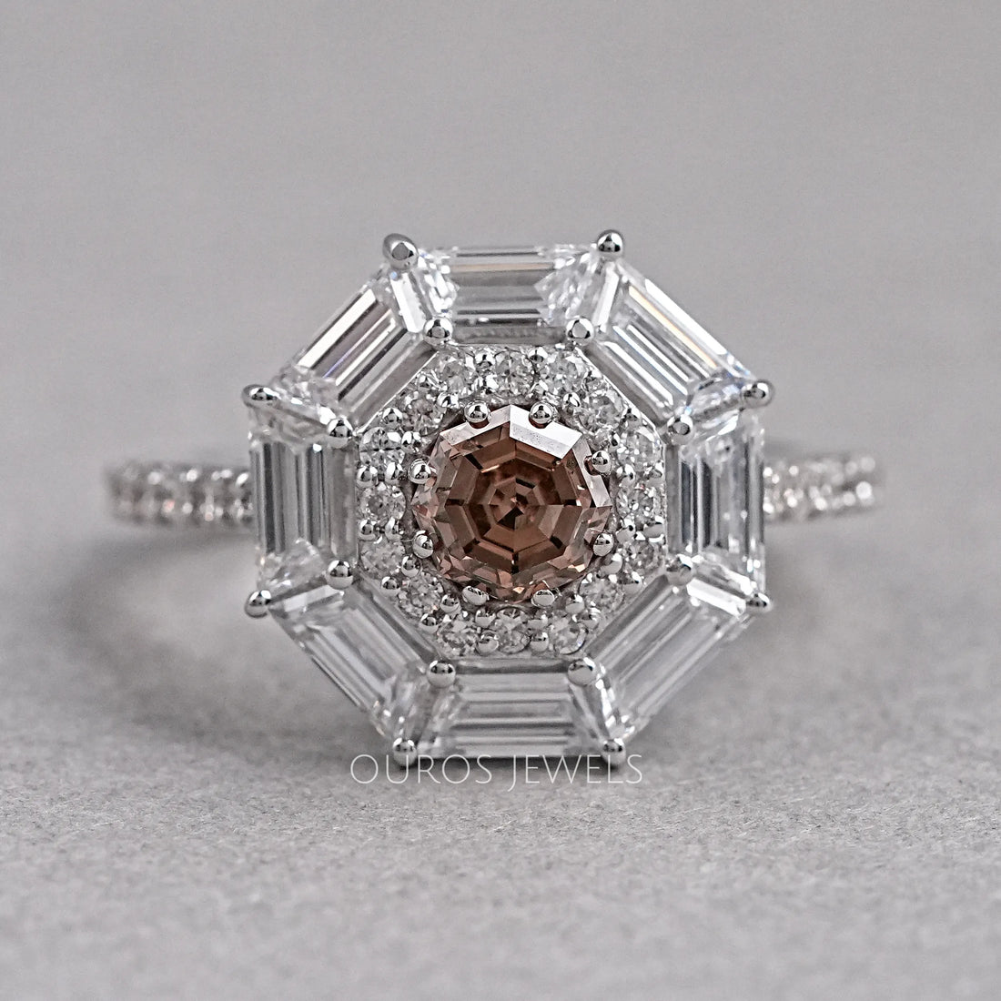 Octagon Champagne Diamond Double Halo Ring Rings