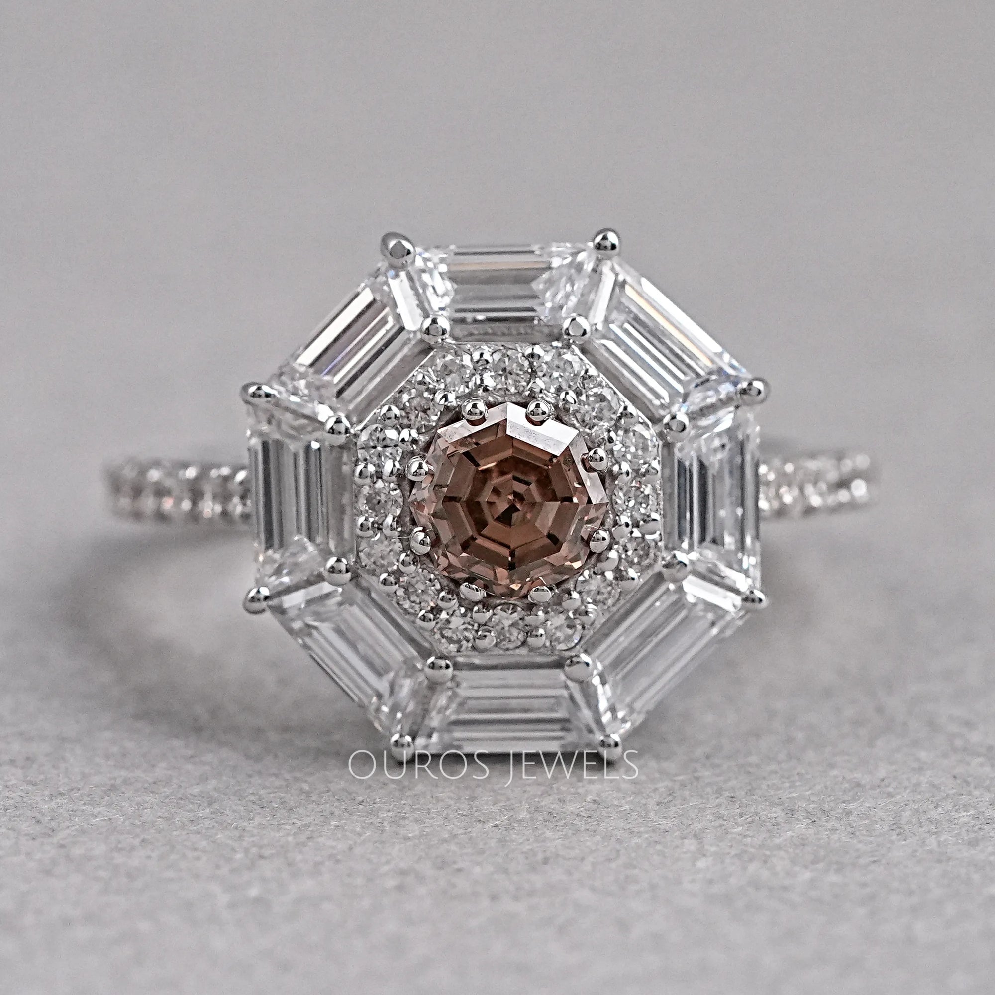 Octagon Champagne Diamond Double Halo Ring Rings