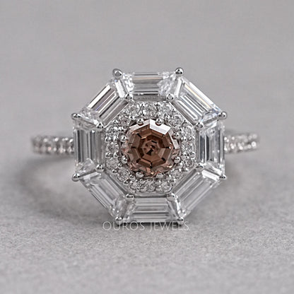 Octagon Champagne Diamond Double Halo Ring Rings