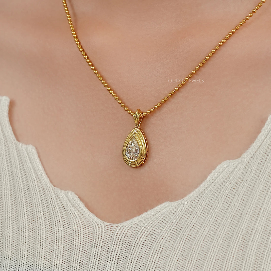 Old Mine Pear Lab Diamond Bezel Set Pendant Necklaces