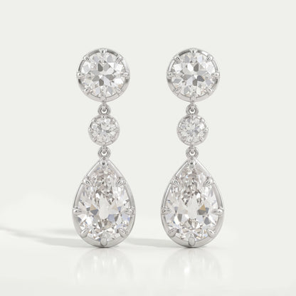 Old Mine Pear And OEC Round Cut Lab Diamond Dangle Earrings Earrings