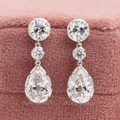 Old Mine Pear And OEC Round Cut Lab Diamond Dangle Earrings Earrings