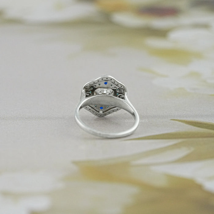 Old Mine Asscher Diamond And Gemstone Double Halo Ring