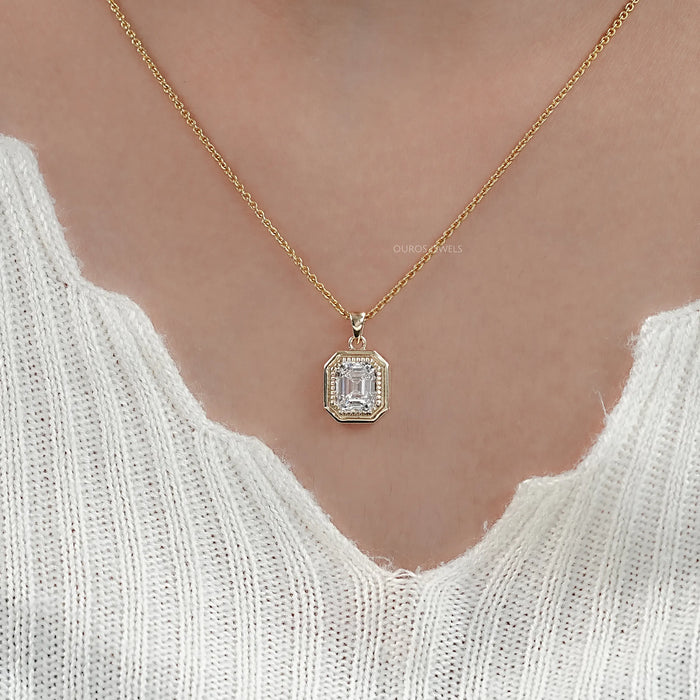 Bezel Set Solitaire Old Mine Emerald Cut Lab Diamond Necklace