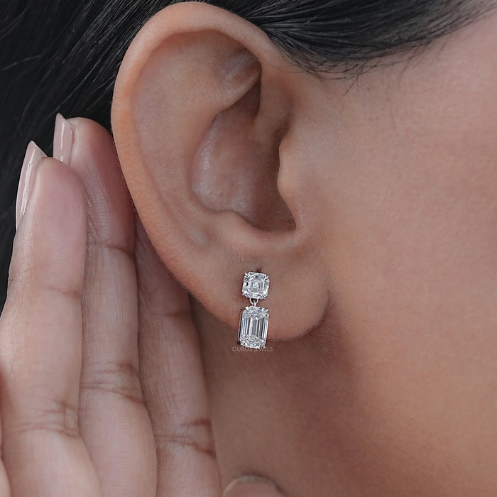 Old Mine Cut Asscher And Emerald Diamond Drop Earrings 