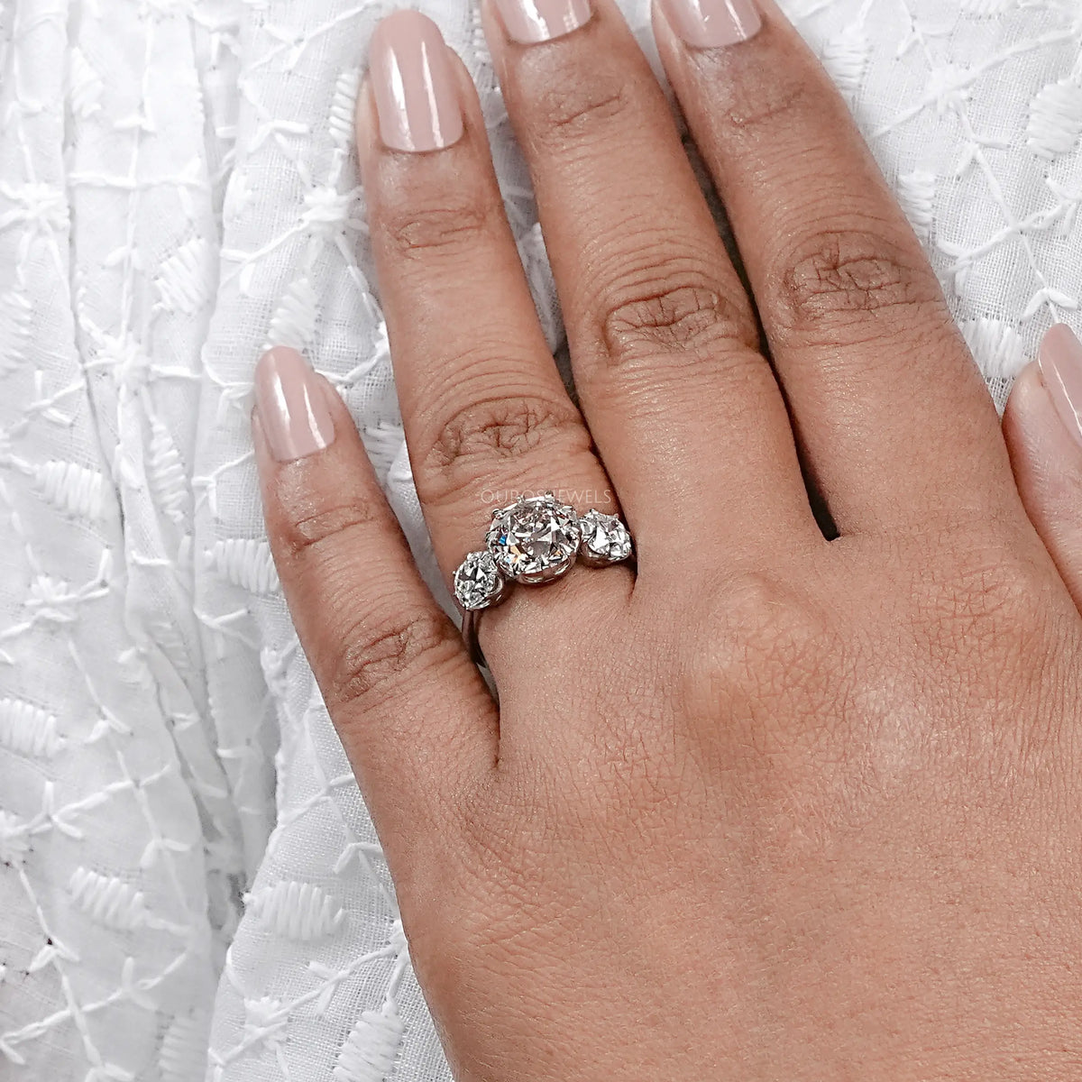 Tri Diamond Old Mine Cushion Cut Engagement Ring Rings