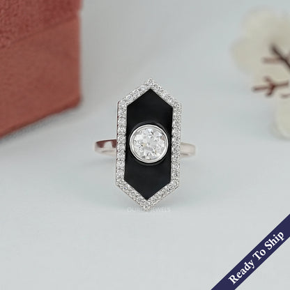 OEC Round Diamond Halo Black Enamel Ring Rings
