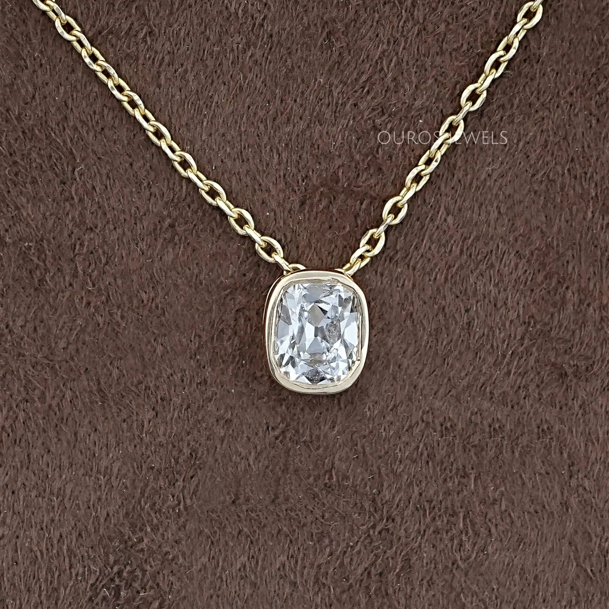 Old Mine Cushion Lab Diamond Bezel Set Pendant Necklaces