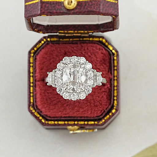 side view of old mine cushion cut diamond halo engagement ring