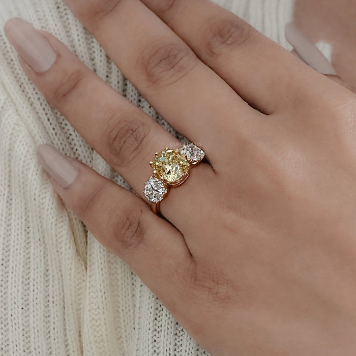 Fancy Yellow Old Mine Cushion Diamond Three Stone Ring