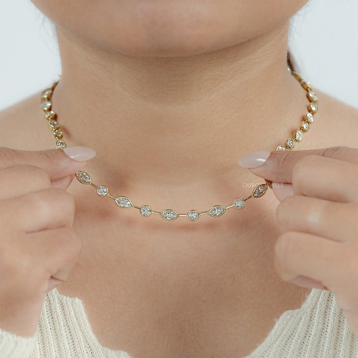 Bezel Set Old Mine Marquise Diamond Necklace