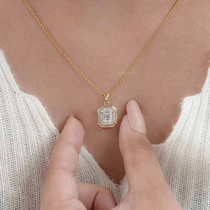Bezel Set Solitaire Old Mine Emerald Cut Lab Diamond Necklace