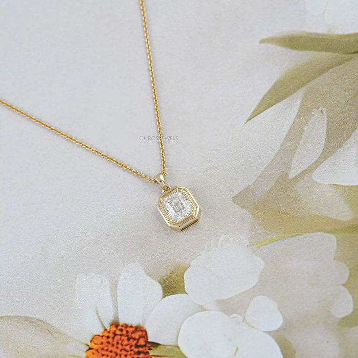 Bezel Set Solitaire Old Mine Emerald Cut Lab Diamond Necklace