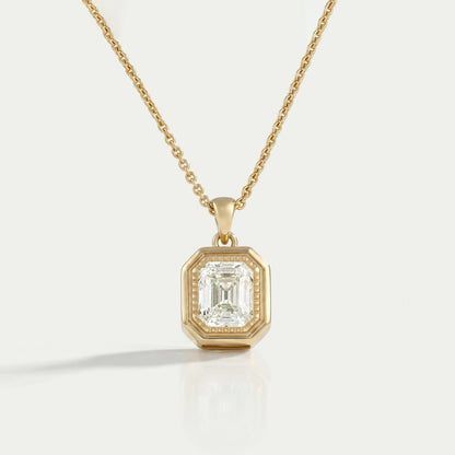 Old Mine Emerald Lab Diamond Milgrain Bezel Set Pendant Necklaces