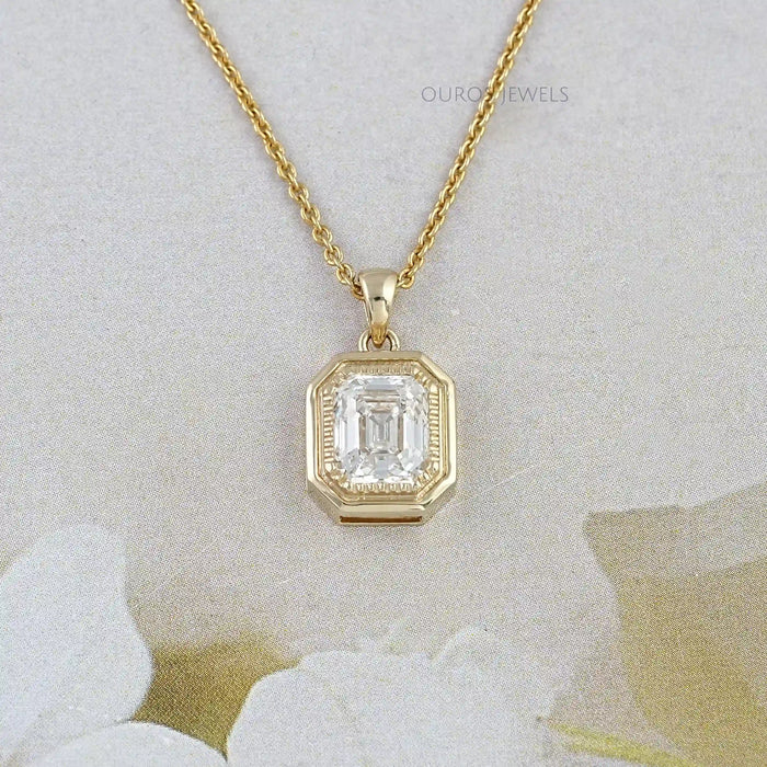 Bezel Set Solitaire Old Mine Emerald Cut Lab Diamond Necklace