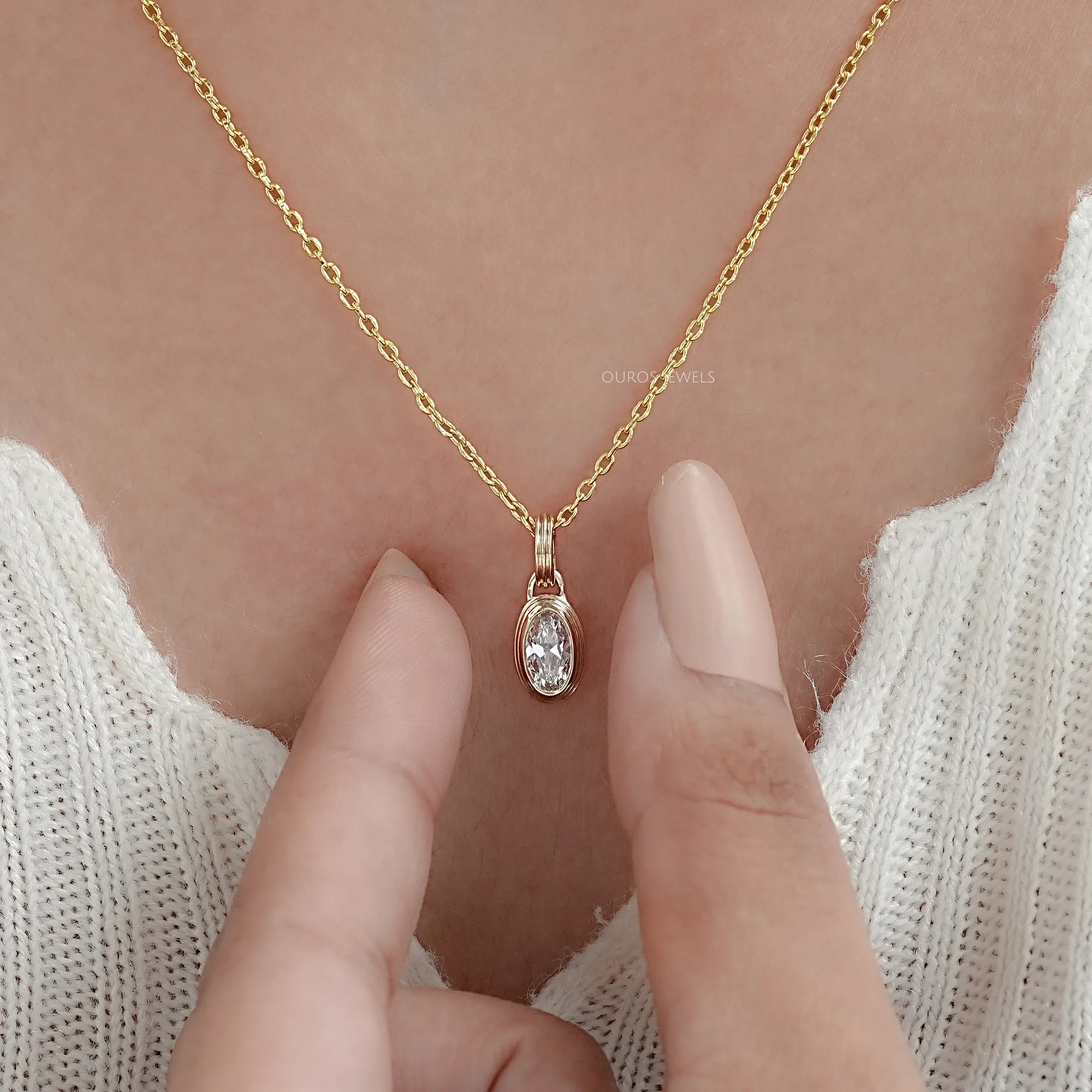 Old Mine Moval Lab Diamond Bezel Set Pendant Necklaces