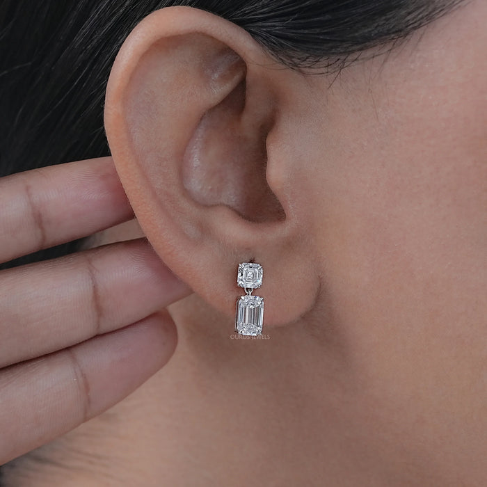 Old Mine Cut Asscher And Emerald Diamond Drop Earrings 