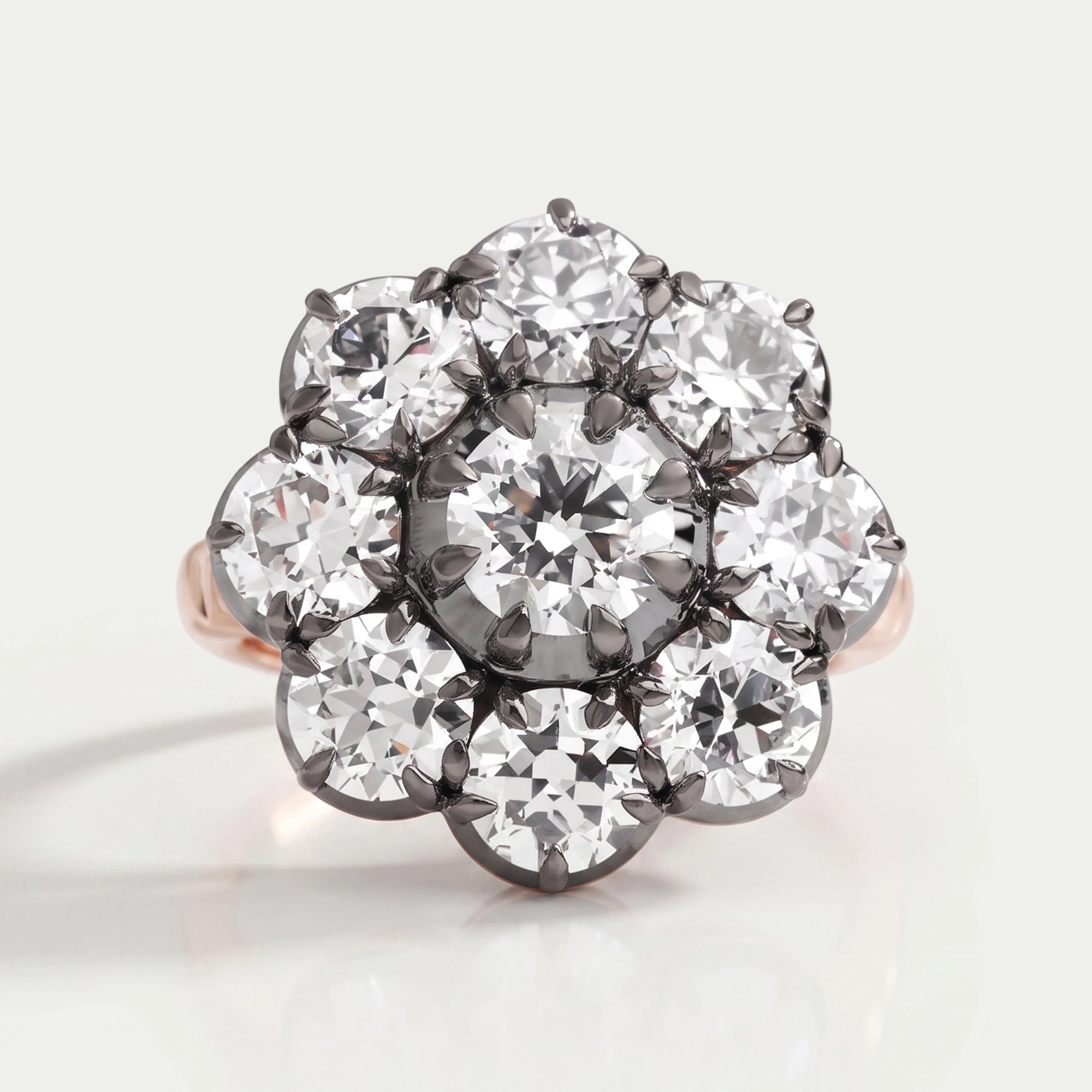 Old European Round Cut Black Coating Flower Engagement Ring Ring