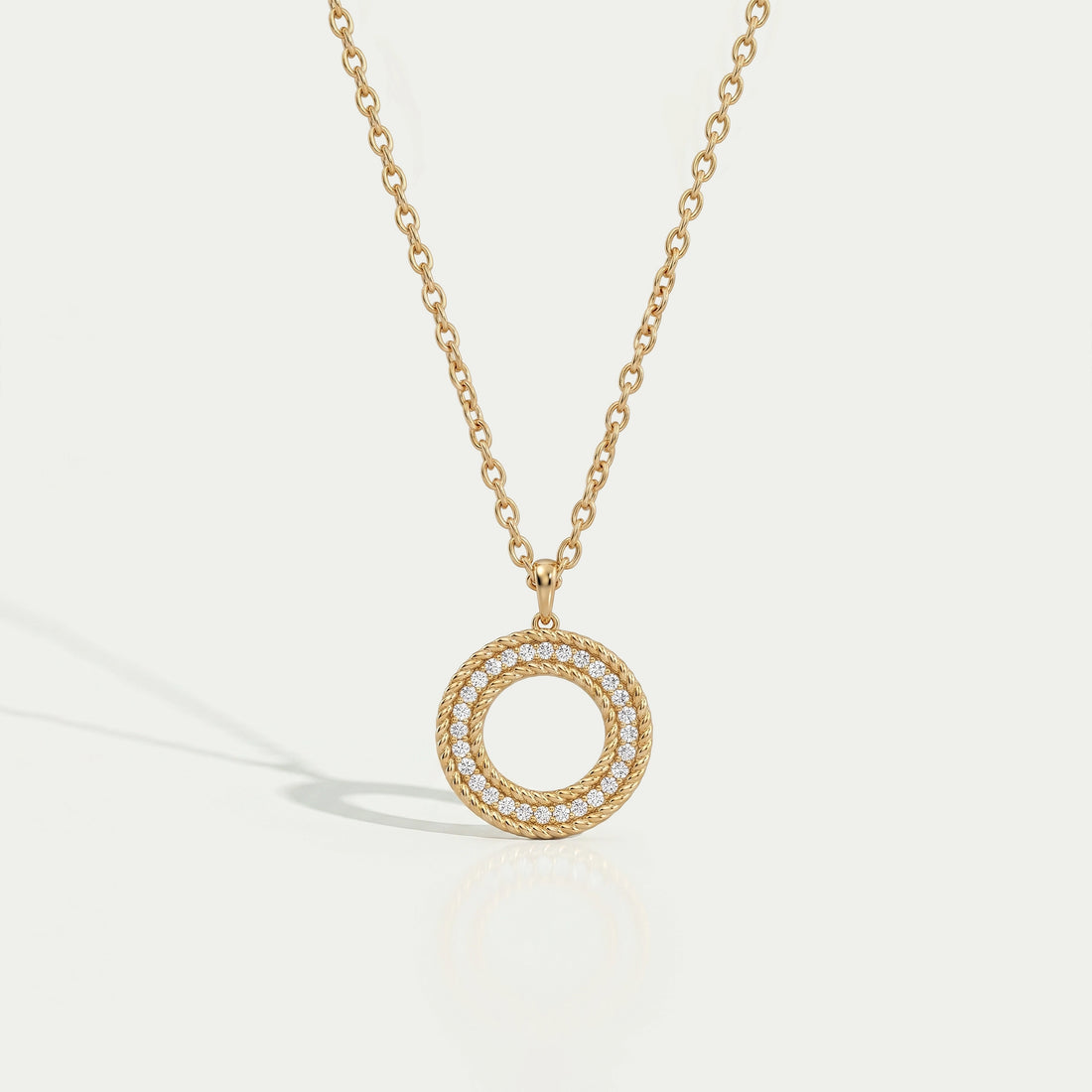 Lab Diamond Open Circle Double Beaded Border Pendant Necklaces