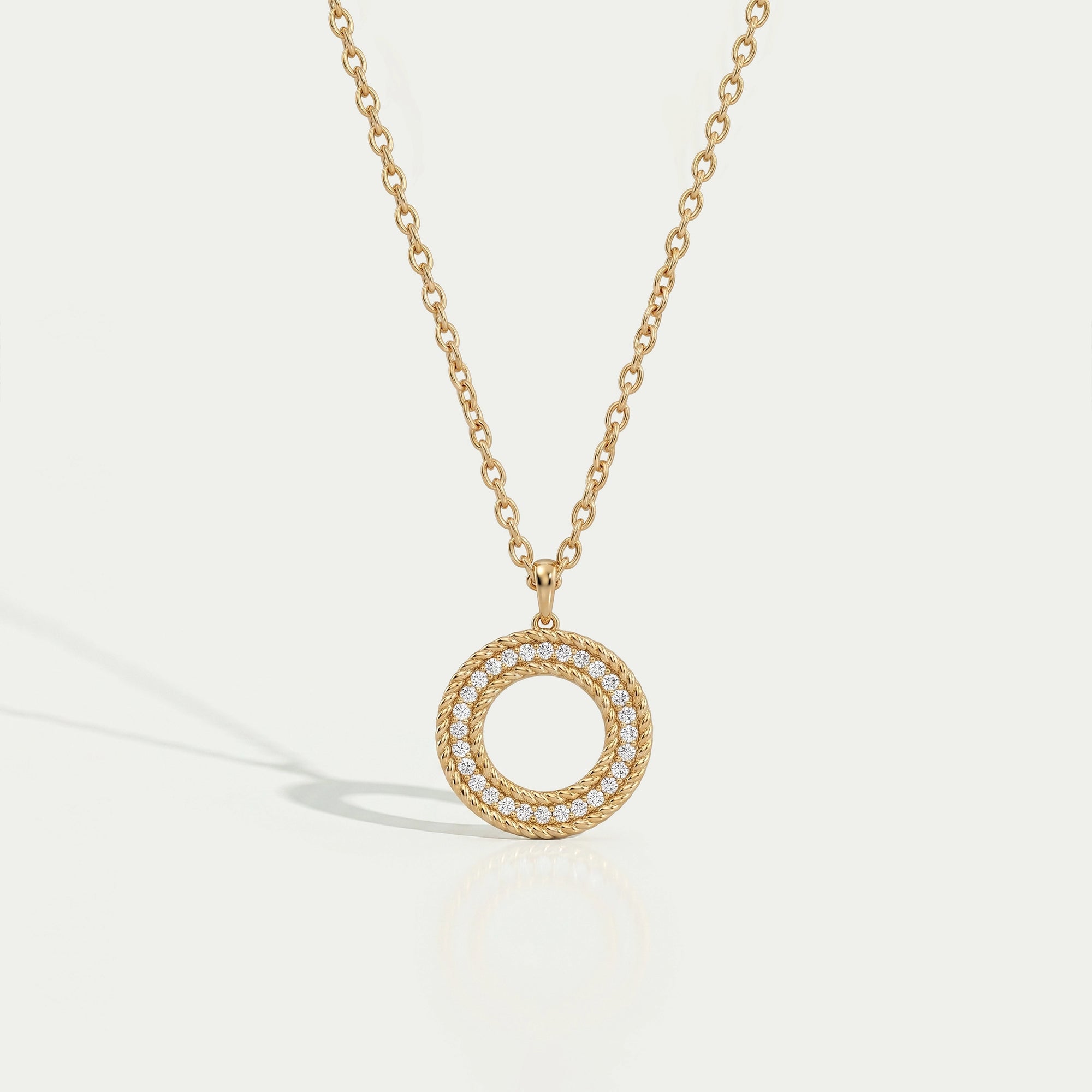Lab Diamond Open Circle Double Beaded Border Pendant Necklaces