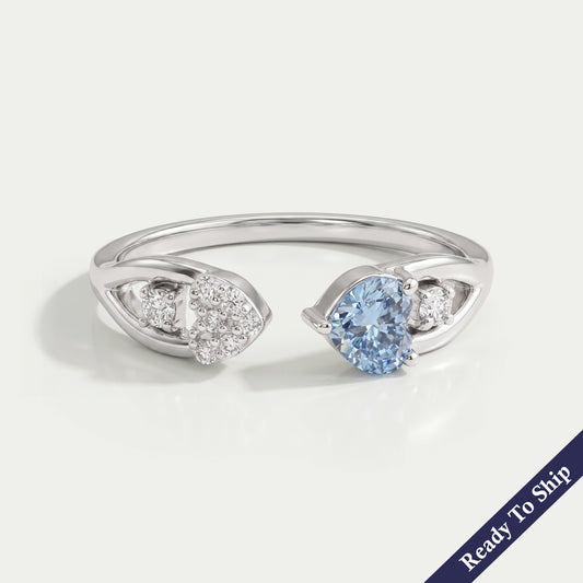 Blue Heart Cut Lab Diamond Open Cuff Dainty Ring Ring