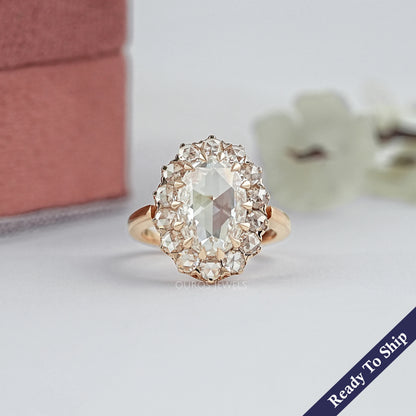 Rose Cut Oval Diamond Halo Engagement Ring