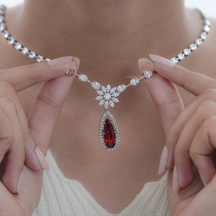 Pear Ruby & Oval Lab Diamond Bridal Necklace With Diamond Accents 