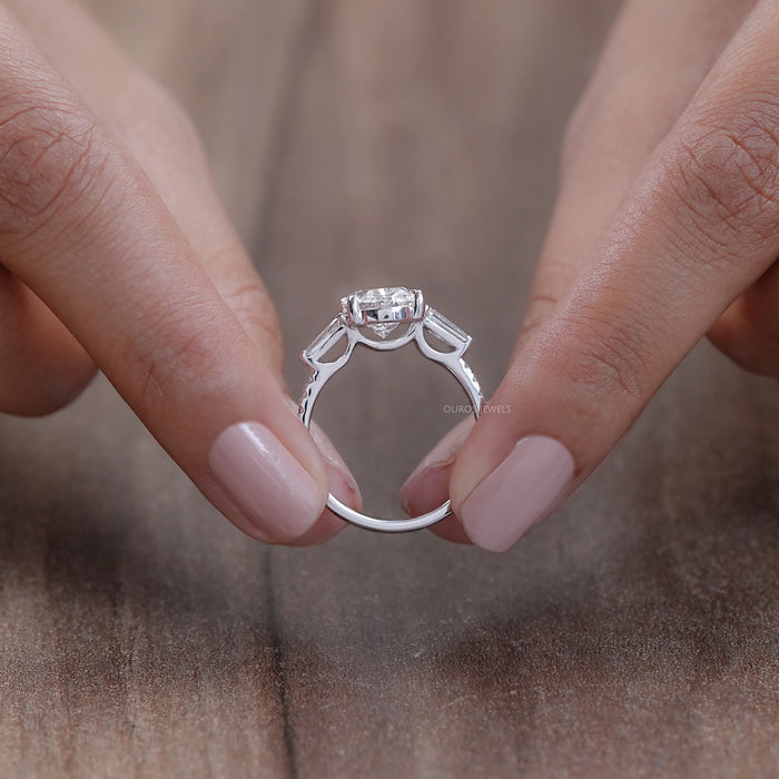 Oval & Tapered Baguette Cut Diamond Three Stone Engagement Ring 