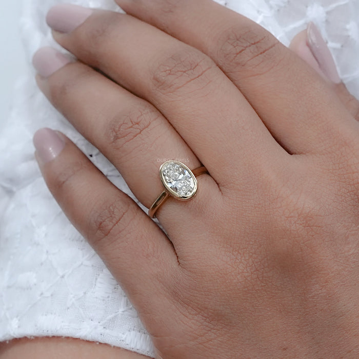 Oval Cut Lab Diamond Bezel Hidden Halo Engagement Ring