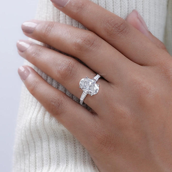 Oval & Tapered Baguette Cut Diamond Three Stone Engagement Ring 