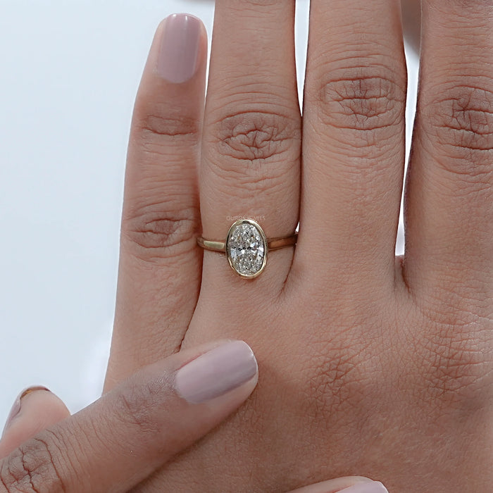 Oval Cut Lab Diamond Bezel Hidden Halo Engagement Ring