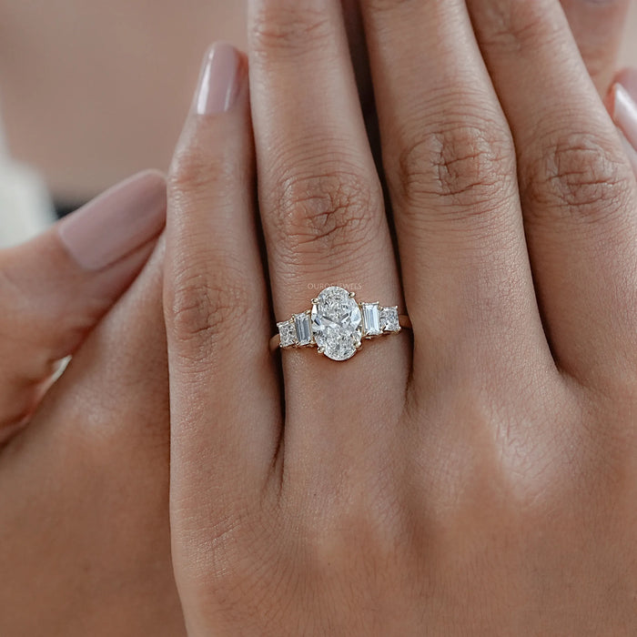 Oval And Baguette Diamond Five Stone Engagement Ring