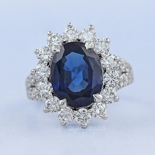 Princess Diana Inspired Split Shank Oval Sapphire Halo Ring 