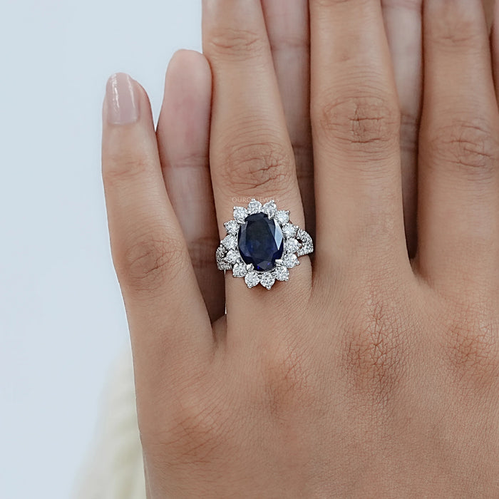 Princess Diana Inspired Split Shank Oval Sapphire Halo Ring 