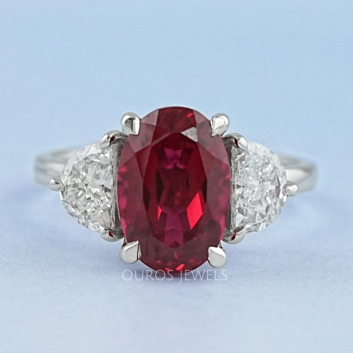 Ruby And Half Moon Diamond Three Stone Ring