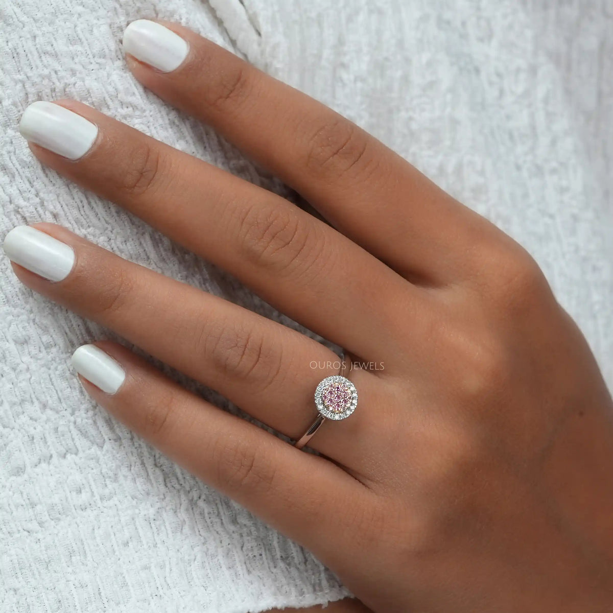 Pink Round Cut Cluster Halo Diamond Anniversary Ring