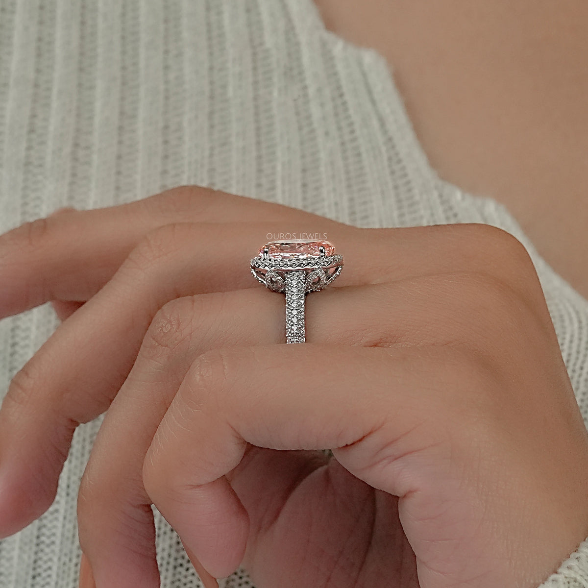 Fancy Pink Oval Diamond Pave Set Accent Ring Ring